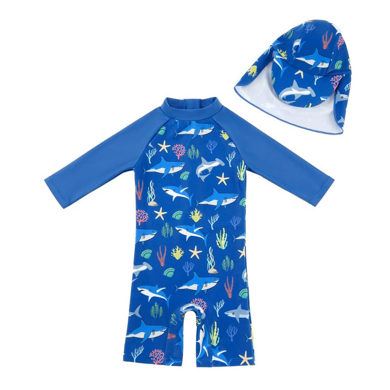 upandfast Baby/Toddler Boy Swimsuit One Piece Zip Swimwear Sunsuits with Sun Hat UPF 50+ Sun Protection Infant Boy Swimsuit (Blue Shark(LS), 9-12 Months) - Image 1
